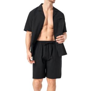 imageDAVID ARCHY Mens Pajamas Set  100 Cotton Pajamas for Men Summer Short Sleeve Lightweight Lounge PJs with PocketsBlack