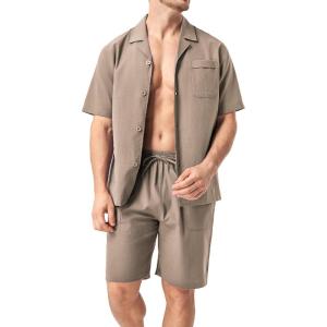 imageDAVID ARCHY Mens Pajamas Set  100 Cotton Pajamas for Men Summer Short Sleeve Lightweight Lounge PJs with PocketsKhaki
