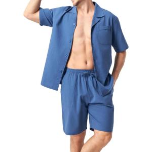 imageDAVID ARCHY Mens Pajamas Set  100 Cotton Pajamas for Men Summer Short Sleeve Lightweight Lounge PJs with PocketsNavy Blue
