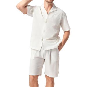 imageDAVID ARCHY Mens Pajamas Set  100 Cotton Pajamas for Men Summer Short Sleeve Lightweight Lounge PJs with PocketsOffwhite