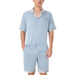 imageDAVID ARCHY Mens Summer Pajamas Set Satin Silk Feeling Sleepwear Short Sleeve Loungewear 2 Piece with PocketsLight Blue