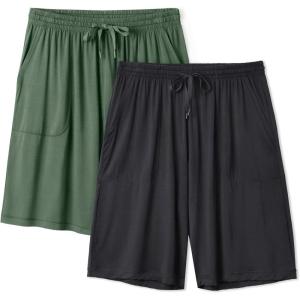 imageDAVID ARCHY Mens Pajama Shorts Bamboo Rayon Sleep Shorts Soft Comfy Breathable Lounge Pants with Pockets 2 PackBlackOlive Green  Two Side Pockets
