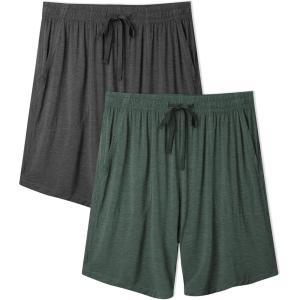 imageDAVID ARCHY Mens Pajama Shorts Bamboo Rayon Sleep Shorts Soft Comfy Breathable Lounge Pants with Pockets 2 PackHeather Dark GreenHeather Grey  Two Side Pockets