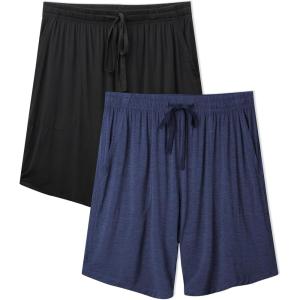 imageDAVID ARCHY Mens Pajama Shorts Bamboo Rayon Sleep Shorts Soft Comfy Breathable Lounge Pants with Pockets 2 PackHeather Navy BlueBlack  Two Side Pockets