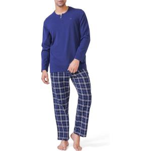 imageDAVID ARCHY Mens Cotton Pajamas Henley Collar Sleepwear Soft Classic ButtonDown Woven Long Sleeve Set S Navy BlueNavy Blue Grid
