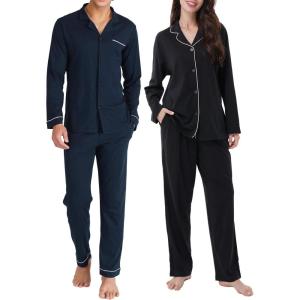 imageDAVID ARCHY 100 Cotton Pajamas Sets for Women ampamp Men Couple Soft Button Down Nightwear Long Sleeve Sleepwear 2 Pieces Loungewear