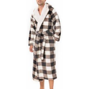 imageDAVID ARCHY Mens Hooded Robe Soft Coral Fleece Microfiber BathrobeA4  Coffee Grid Shu Velveteen