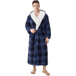 imageDAVID ARCHY Mens Hooded Robe Soft Coral Fleece Microfiber BathrobeA8  Blue Check