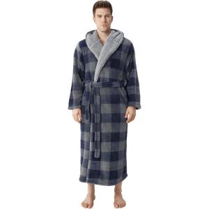 imageDAVID ARCHY Mens Hooded Robe Soft Coral Fleece Microfiber BathrobeA9  Blue Grey Check