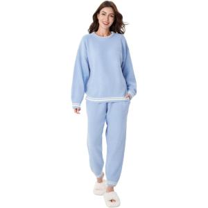 imageDAVID ARCHY Fleece Pajamas for Women Warm Fuzzy Winter Cozy Soft Comfy Long Sleeve 2 Peices Pj Sets Sleepwear LoungewearRoundsky Blue