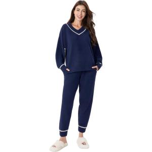 imageDAVID ARCHY Fleece Pajamas for Women Warm Fuzzy Winter Cozy Soft Comfy Long Sleeve 2 Peices Pj Sets Sleepwear LoungewearVnavy Blue