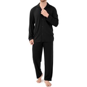 imageDAVID ARCHY Mens Pajamas Set Soft Cotton Notched Collar Pajamas for Men Long Sleeve Mens Sleepwear with Pockets ampamp Front FlyBlack  Stretch Polyester No Fly
