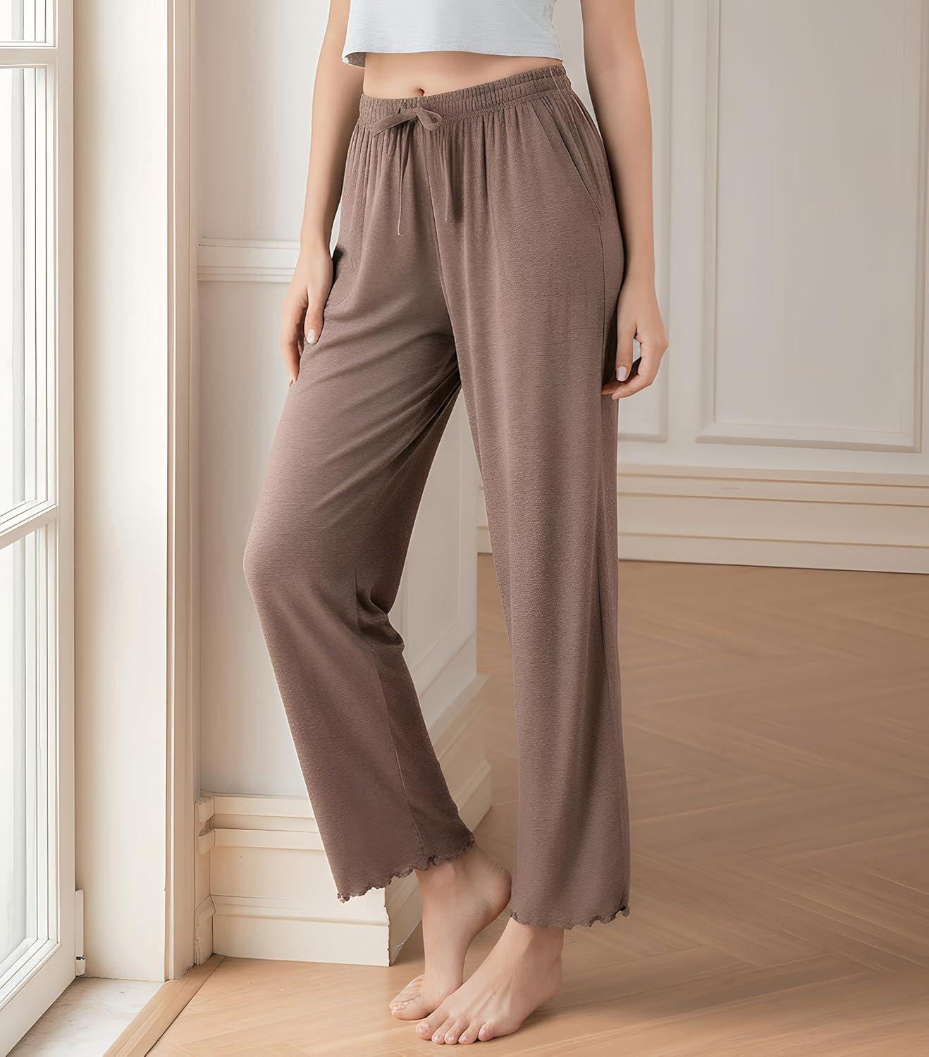 imageDAVID ARCHY Women Pajama Pants Bamboo Rayon Comfy Cooling Lounge Sleep Flowy Casual Wide Leg Pj Bottom with Pockets 12 PackAheather Dark Coffee