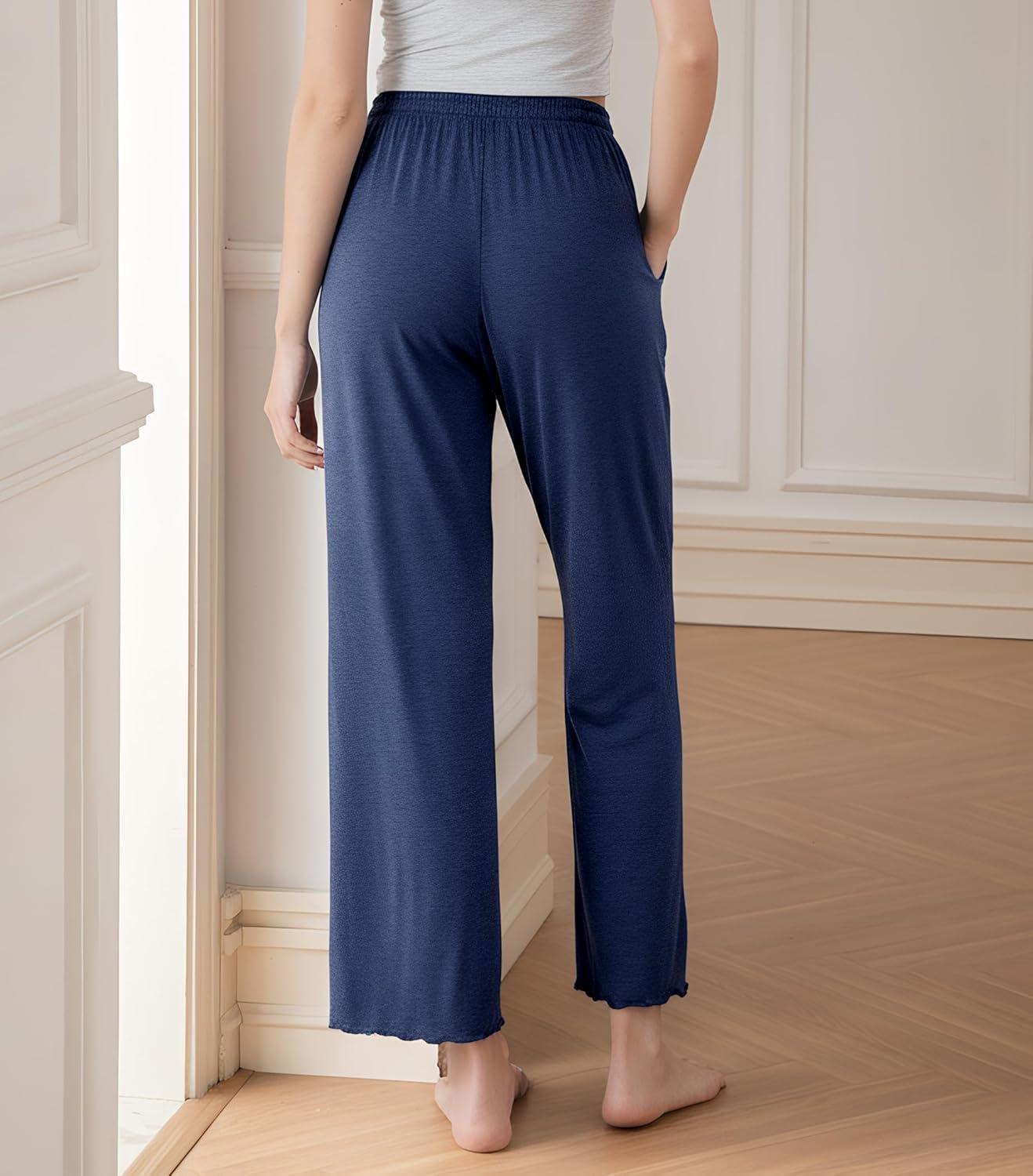 imageDAVID ARCHY Women Pajama Pants Bamboo Rayon Comfy Cooling Lounge Sleep Flowy Casual Wide Leg Pj Bottom with Pockets 12 PackAheather Navy Blue