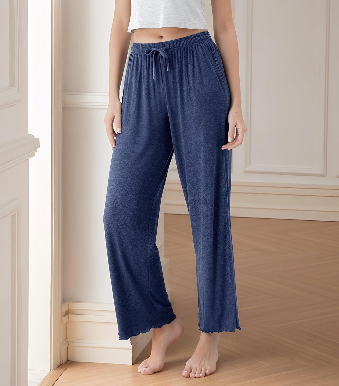 imageDAVID ARCHY Women Pajama Pants Bamboo Rayon Comfy Cooling Lounge Sleep Flowy Casual Wide Leg Pj Bottom with Pockets 12 PackAheather Navy Blue