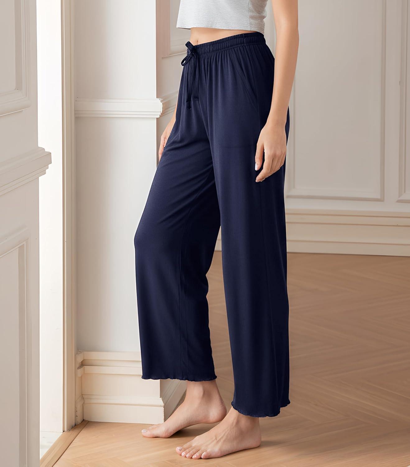 imageDAVID ARCHY Women Pajama Pants Bamboo Rayon Comfy Cooling Lounge Sleep Flowy Casual Wide Leg Pj Bottom with Pockets 12 PackAnavy Blue