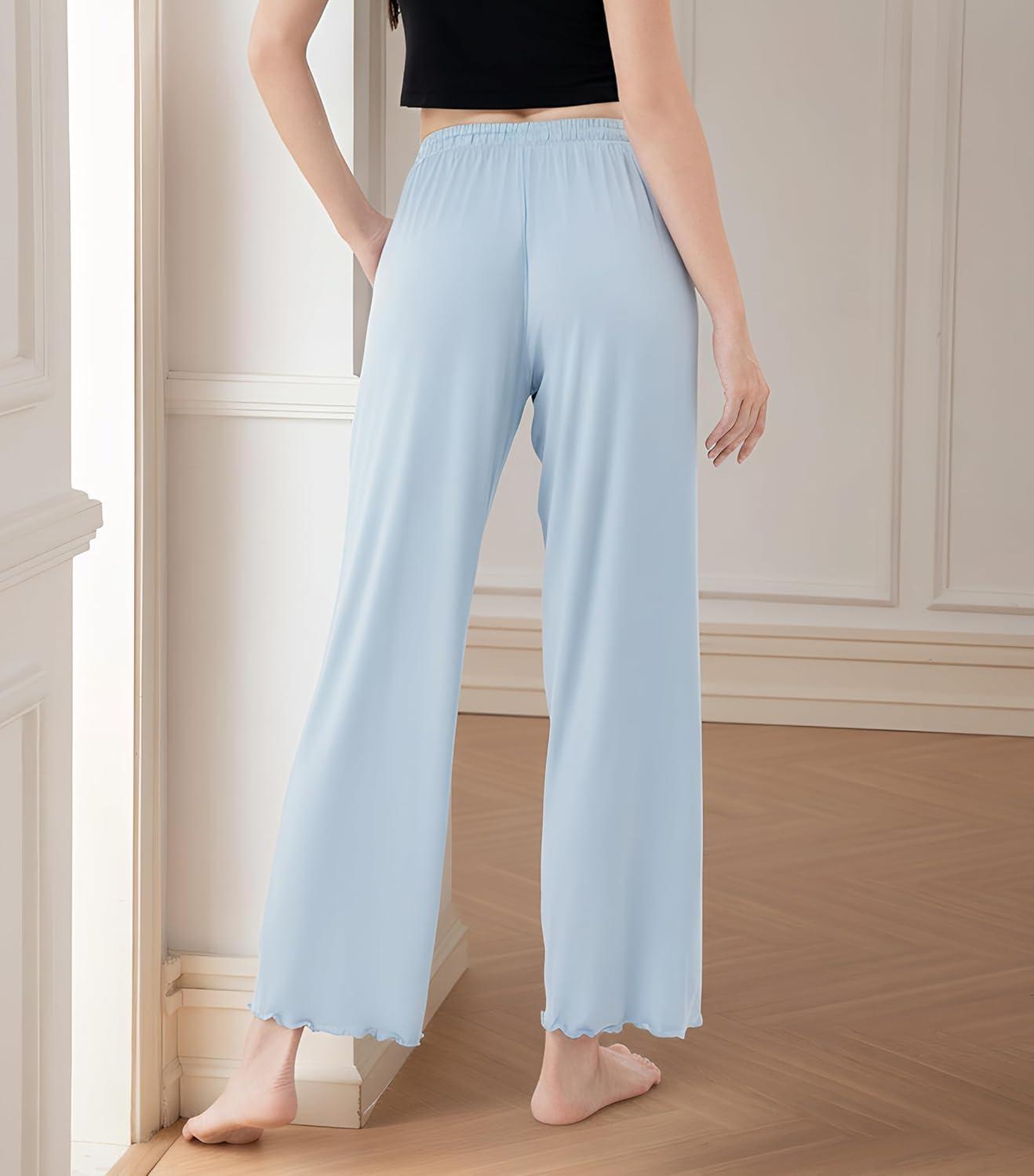 imageDAVID ARCHY Women Pajama Pants Bamboo Rayon Comfy Cooling Lounge Sleep Flowy Casual Wide Leg Pj Bottom with Pockets 12 PackAsterling Blue