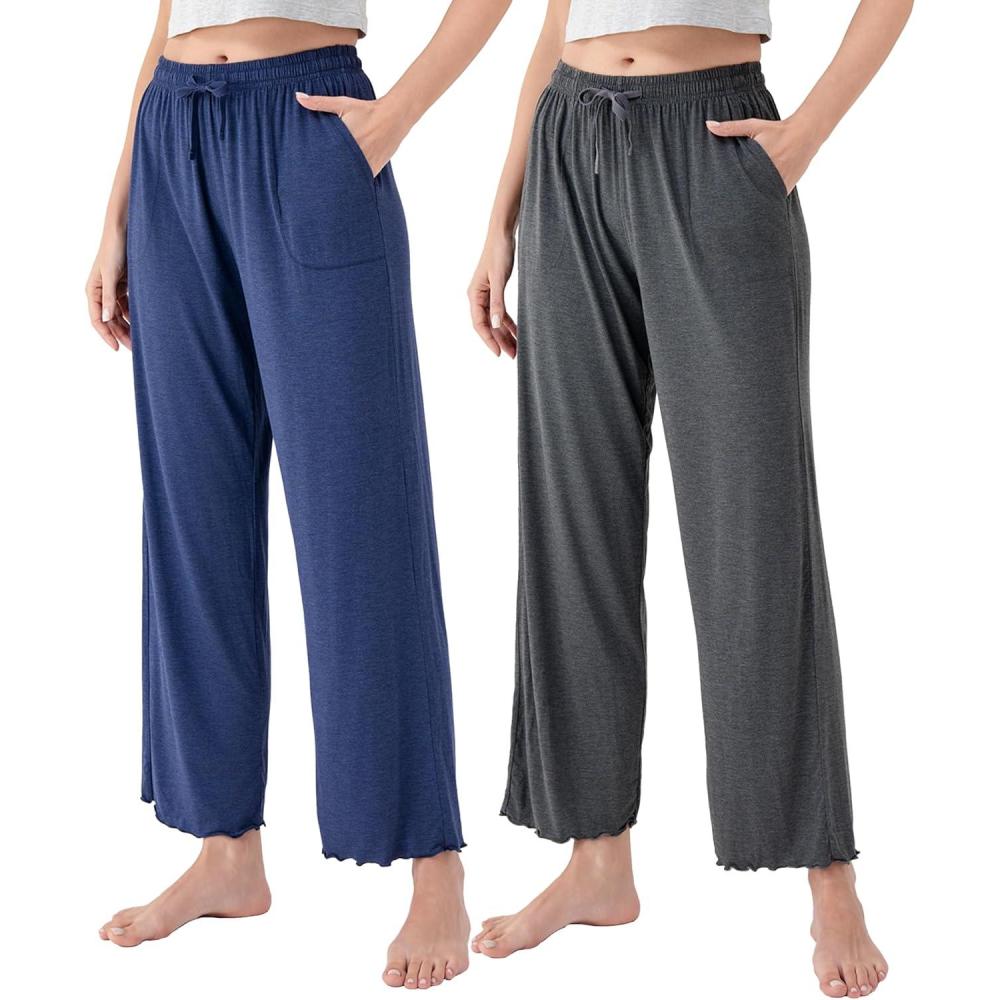 imageDAVID ARCHY Women Pajama Pants Bamboo Rayon Comfy Cooling Lounge Sleep Flowy Casual Wide Leg Pj Bottom with Pockets 12 PackBheather Navy Blueheather Dark Gray