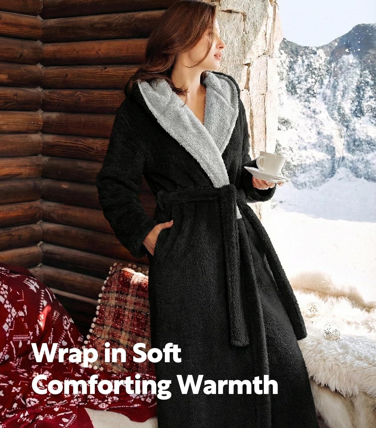 imageDAVID ARCHY Plush Robes for Women Warm Thick Fleece Fluffy Luxury Cozy Soft Hooded Bathrobe Winter House Full LengthAblack