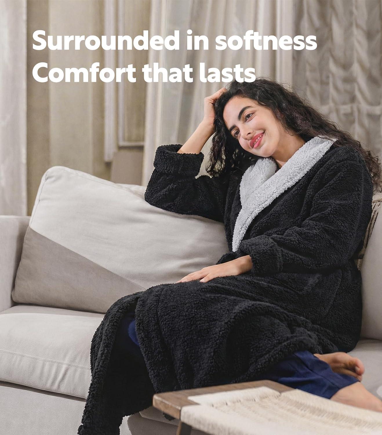 imageDAVID ARCHY Plush Robes for Women Warm Thick Fleece Fluffy Luxury Cozy Soft Hooded Bathrobe Winter House Full LengthAblack