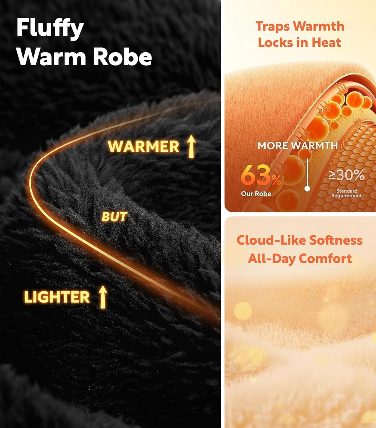 imageDAVID ARCHY Plush Robes for Women Warm Thick Fleece Fluffy Luxury Cozy Soft Hooded Bathrobe Winter House Full LengthAblack