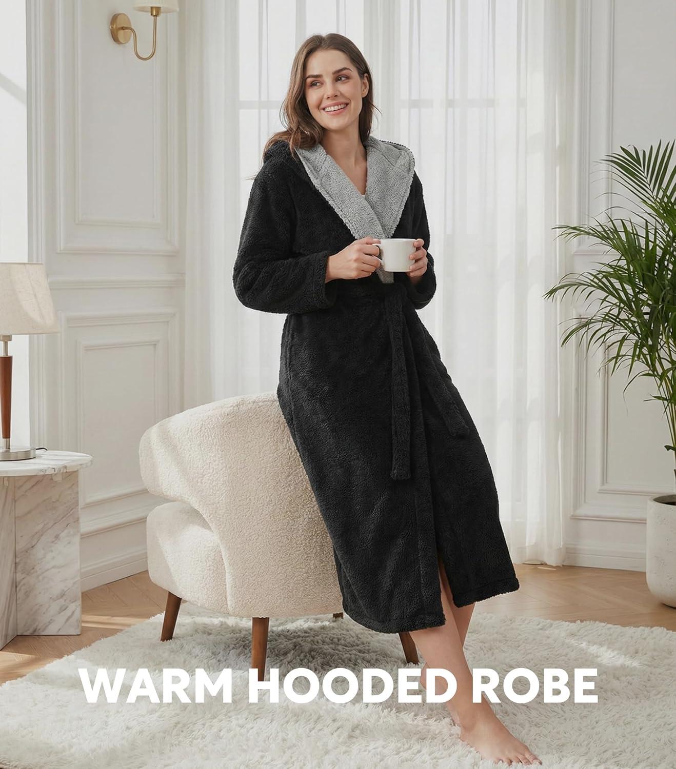 imageDAVID ARCHY Plush Robes for Women Warm Thick Fleece Fluffy Luxury Cozy Soft Hooded Bathrobe Winter House Full LengthAblack