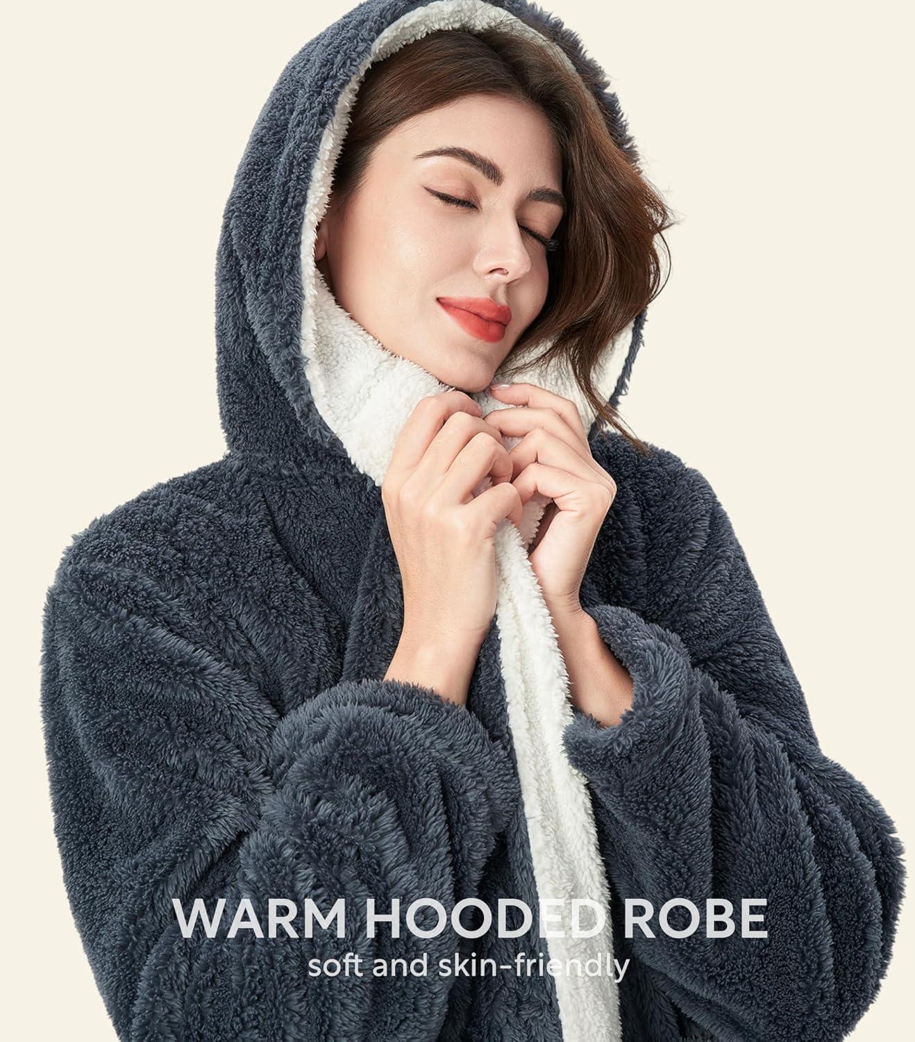 imageDAVID ARCHY Plush Robes for Women Warm Thick Fleece Fluffy Luxury Cozy Soft Hooded Bathrobe Winter House Full LengthAdark Gray