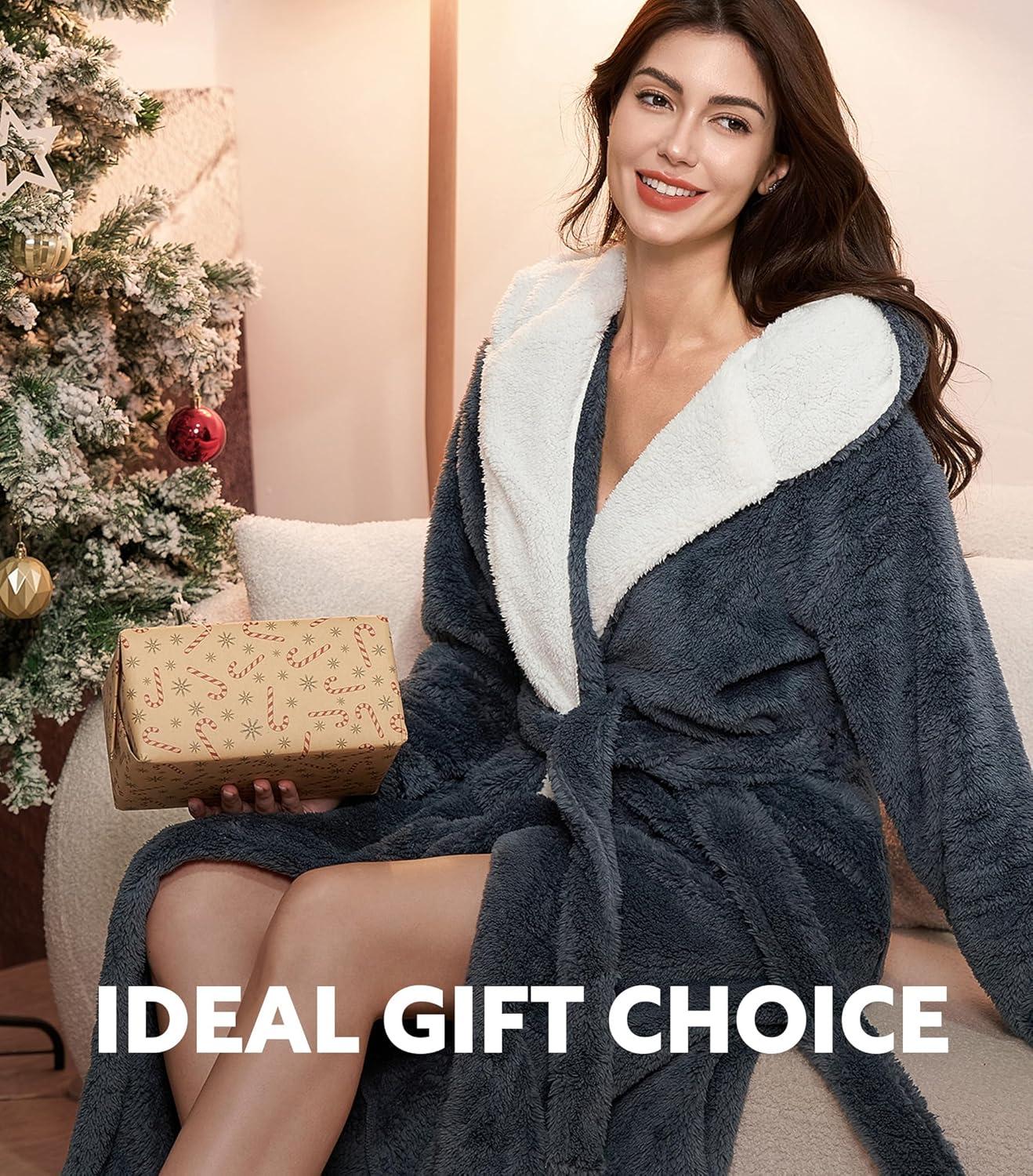 imageDAVID ARCHY Plush Robes for Women Warm Thick Fleece Fluffy Luxury Cozy Soft Hooded Bathrobe Winter House Full LengthAdark Gray