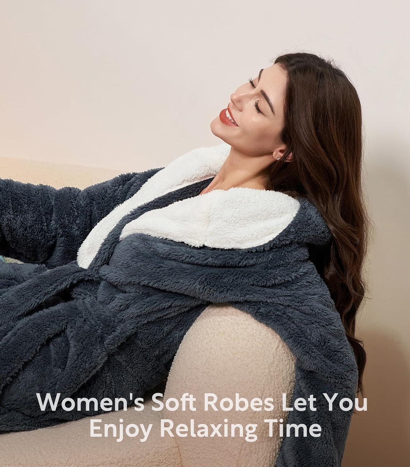 imageDAVID ARCHY Plush Robes for Women Warm Thick Fleece Fluffy Luxury Cozy Soft Hooded Bathrobe Winter House Full LengthAdark Gray
