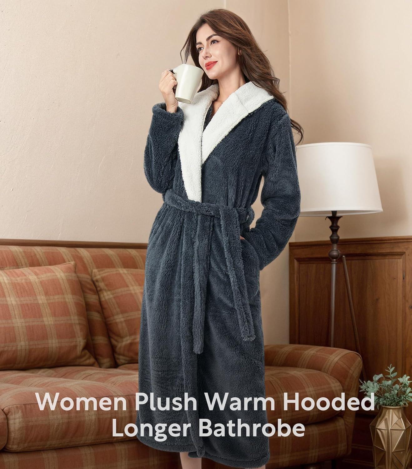 imageDAVID ARCHY Plush Robes for Women Warm Thick Fleece Fluffy Luxury Cozy Soft Hooded Bathrobe Winter House Full LengthAdark Gray