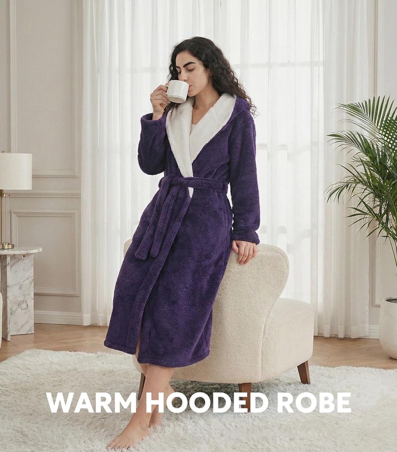 imageDAVID ARCHY Plush Robes for Women Warm Thick Fleece Fluffy Luxury Cozy Soft Hooded Bathrobe Winter House Full LengthAdeep Grape Purple