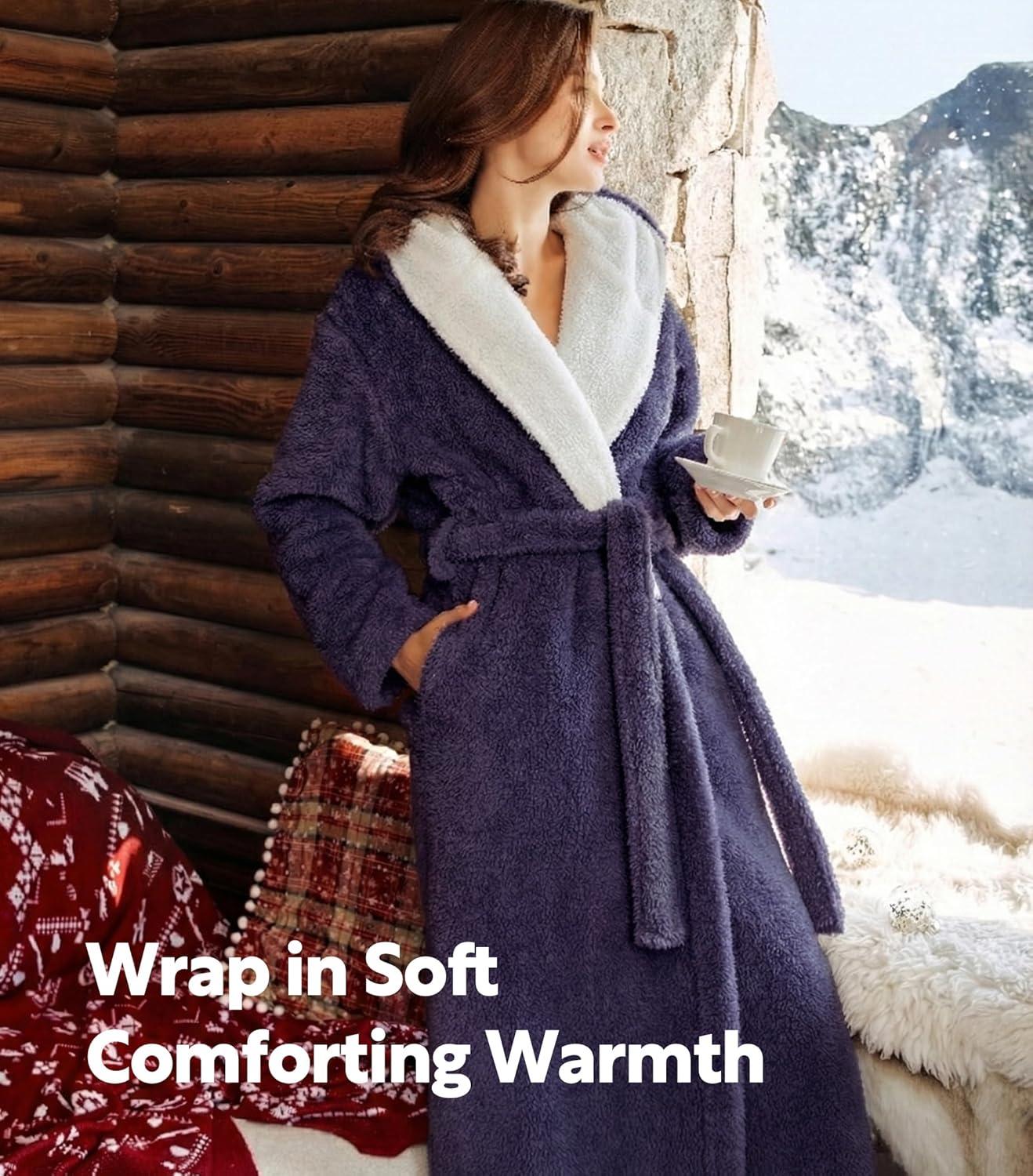 imageDAVID ARCHY Plush Robes for Women Warm Thick Fleece Fluffy Luxury Cozy Soft Hooded Bathrobe Winter House Full LengthAdeep Grape Purple