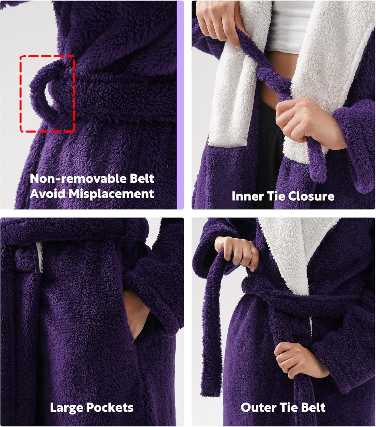 imageDAVID ARCHY Plush Robes for Women Warm Thick Fleece Fluffy Luxury Cozy Soft Hooded Bathrobe Winter House Full LengthAdeep Grape Purple