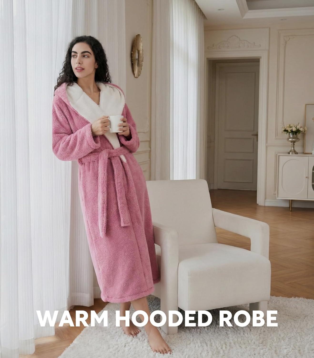 imageDAVID ARCHY Plush Robes for Women Warm Thick Fleece Fluffy Luxury Cozy Soft Hooded Bathrobe Winter House Full LengthAlight Purple