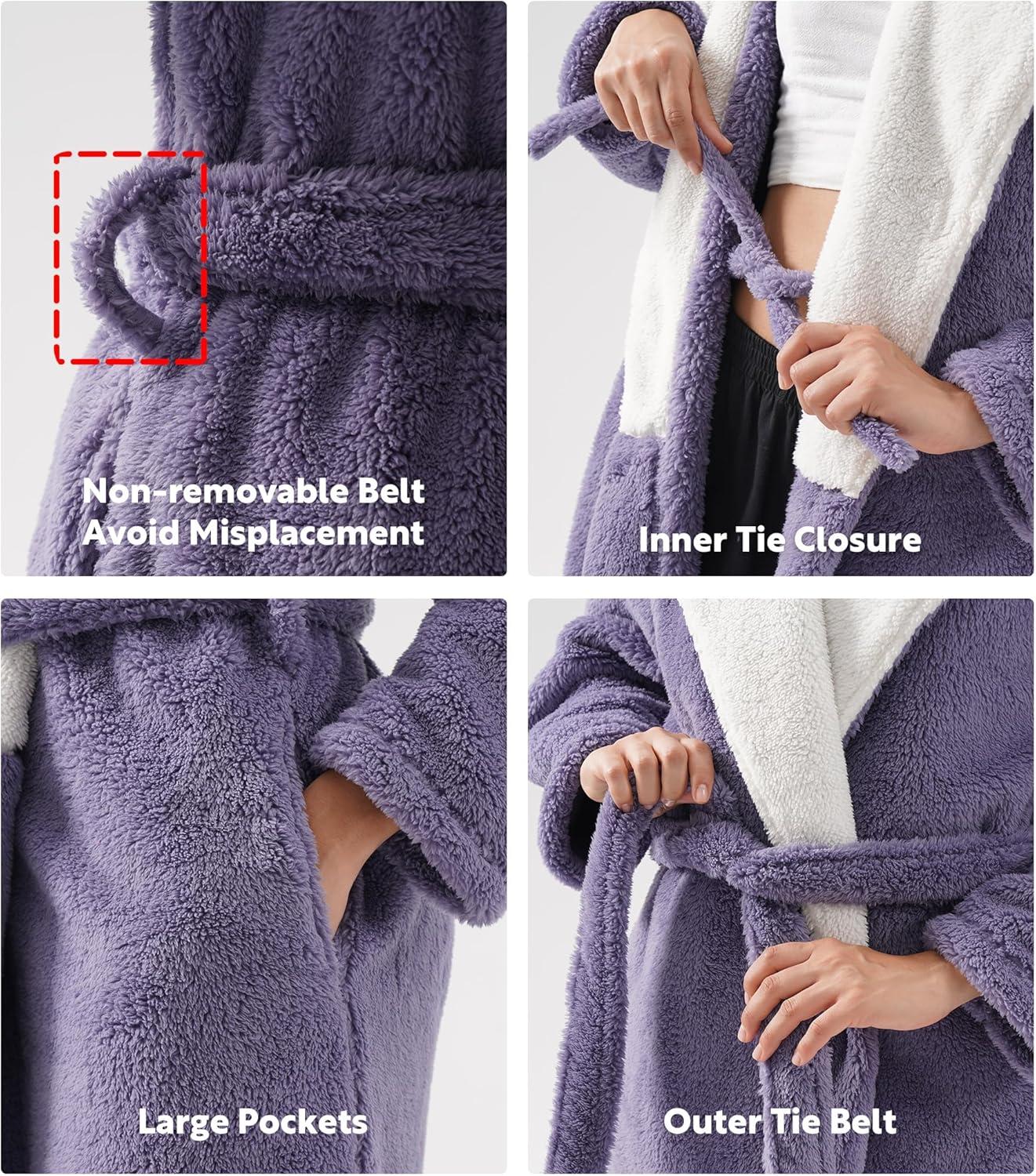 imageDAVID ARCHY Plush Robes for Women Warm Thick Fleece Fluffy Luxury Cozy Soft Hooded Bathrobe Winter House Full LengthApurple Grey
