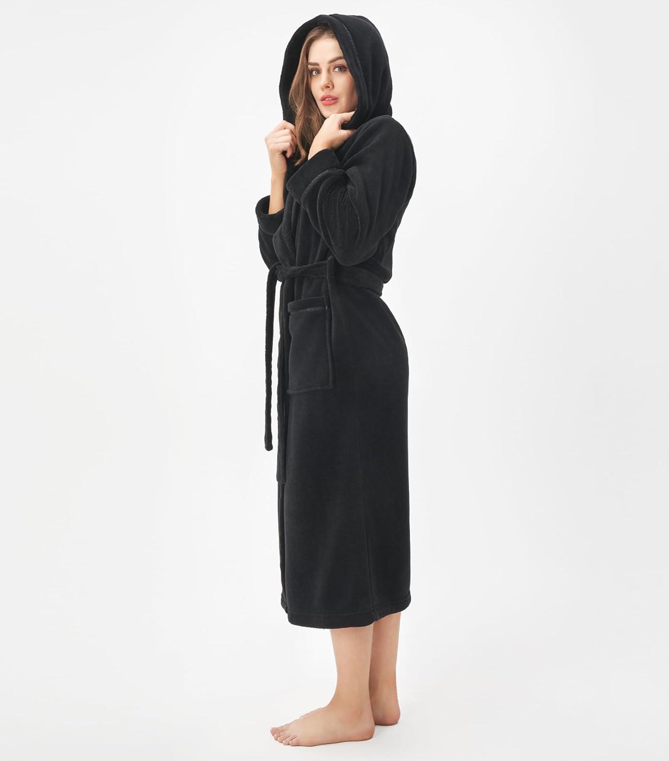 imageDAVID ARCHY Plush Robes for Women Warm Thick Fleece Fluffy Luxury Cozy Soft Hooded Bathrobe Winter House Full LengthBblack