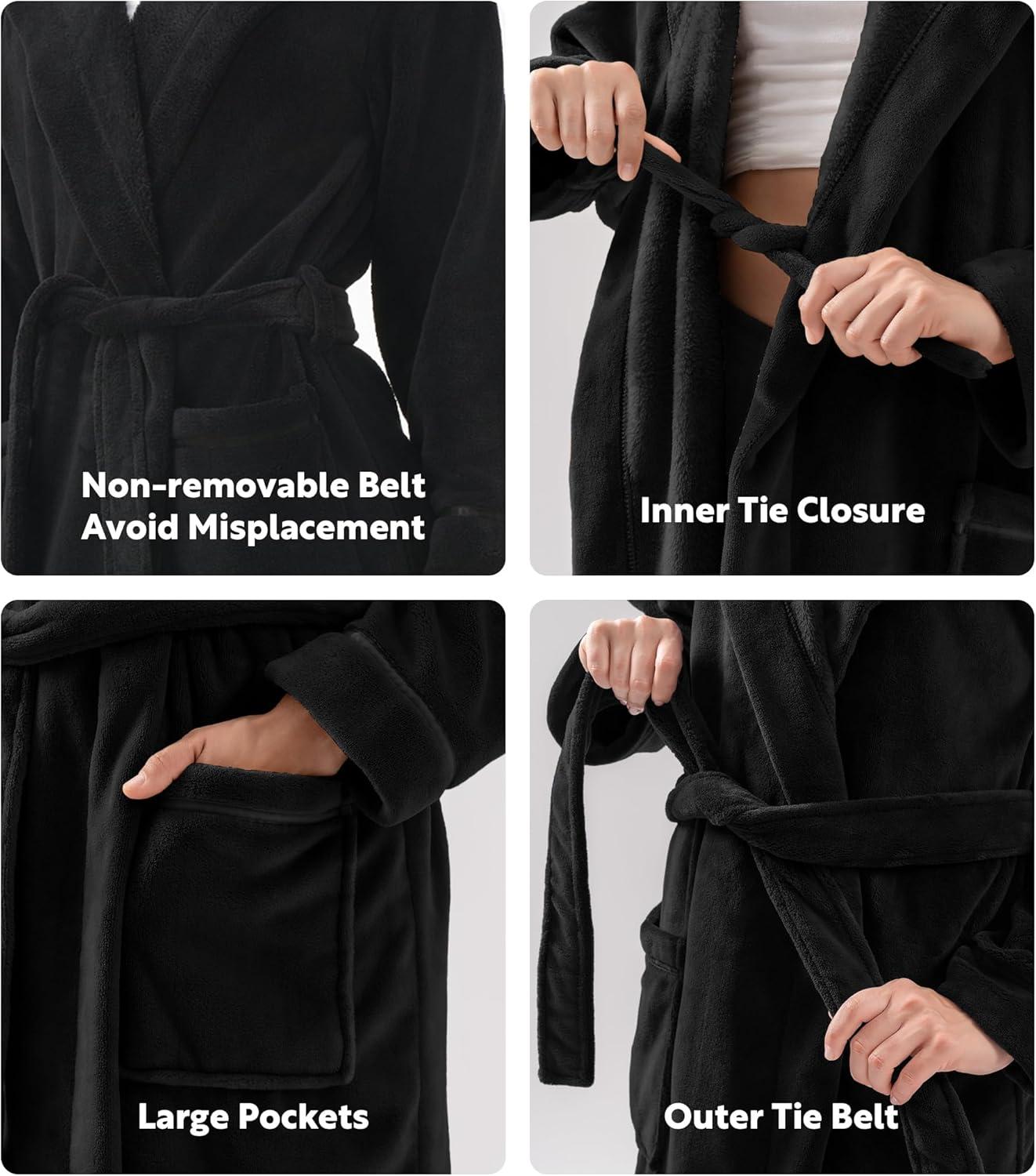 imageDAVID ARCHY Plush Robes for Women Warm Thick Fleece Fluffy Luxury Cozy Soft Hooded Bathrobe Winter House Full LengthBblack
