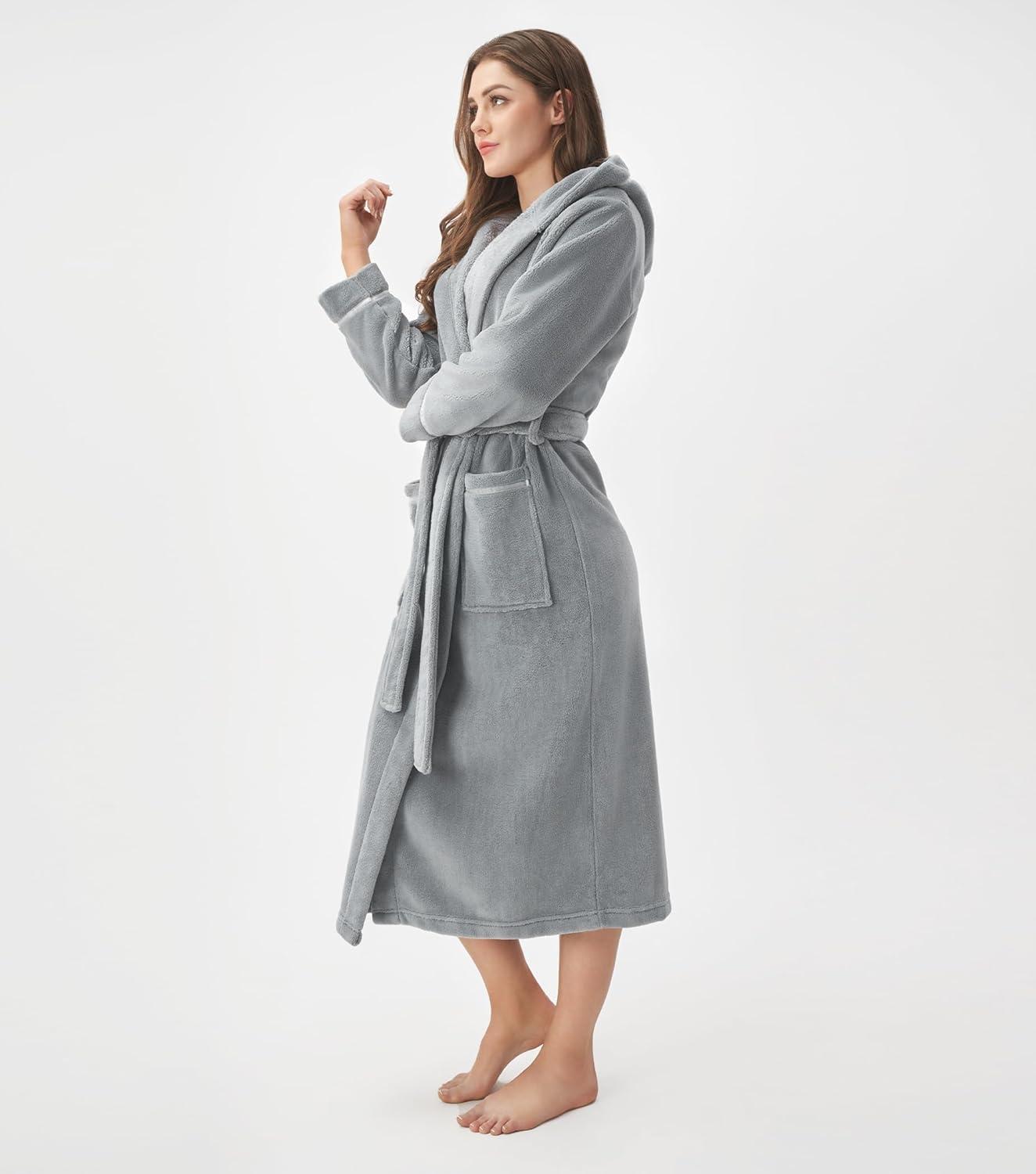 imageDAVID ARCHY Plush Robes for Women Warm Thick Fleece Fluffy Luxury Cozy Soft Hooded Bathrobe Winter House Full LengthBmedium Grey