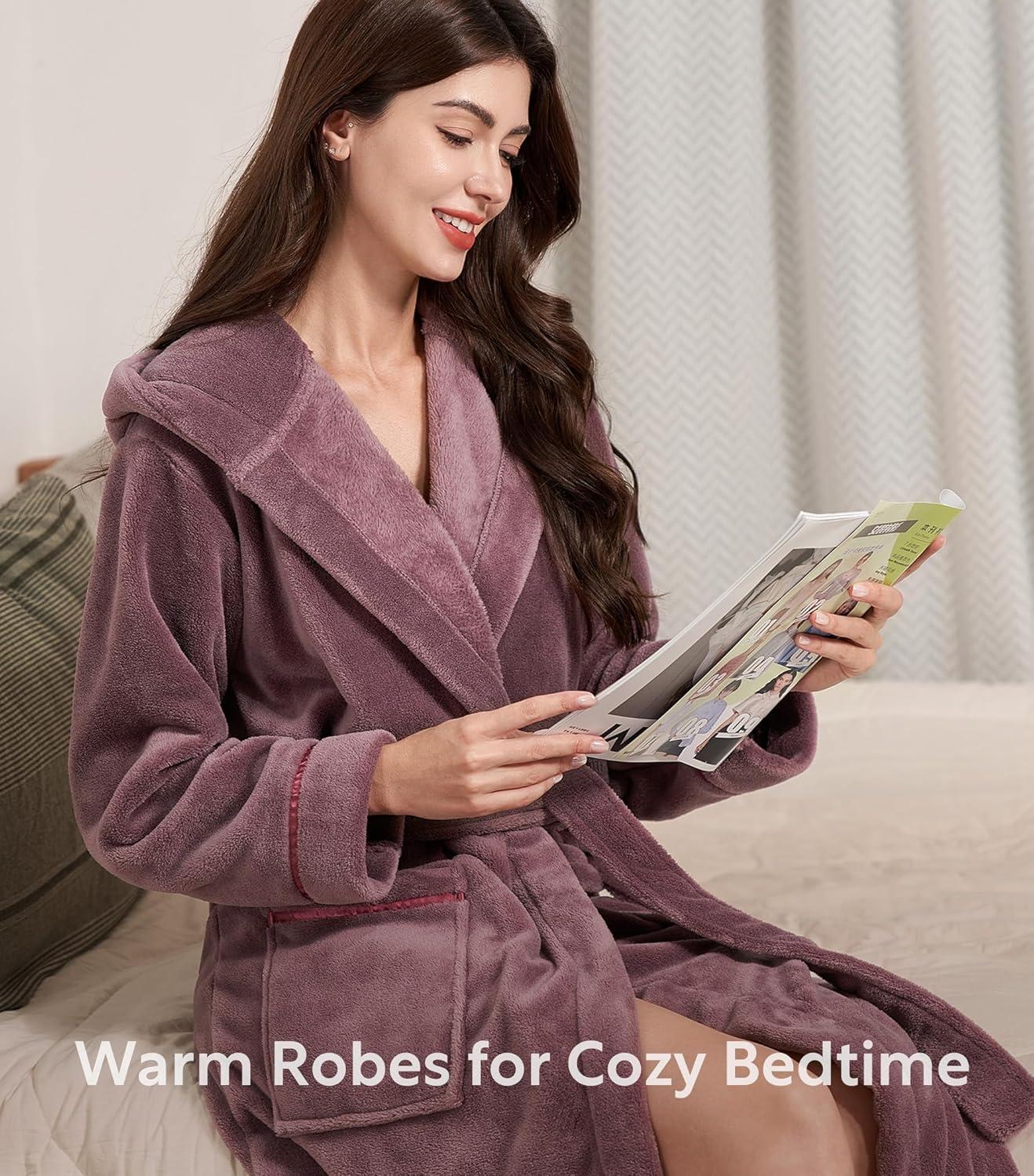 imageDAVID ARCHY Plush Robes for Women Warm Thick Fleece Fluffy Luxury Cozy Soft Hooded Bathrobe Winter House Full LengthBrose Purple