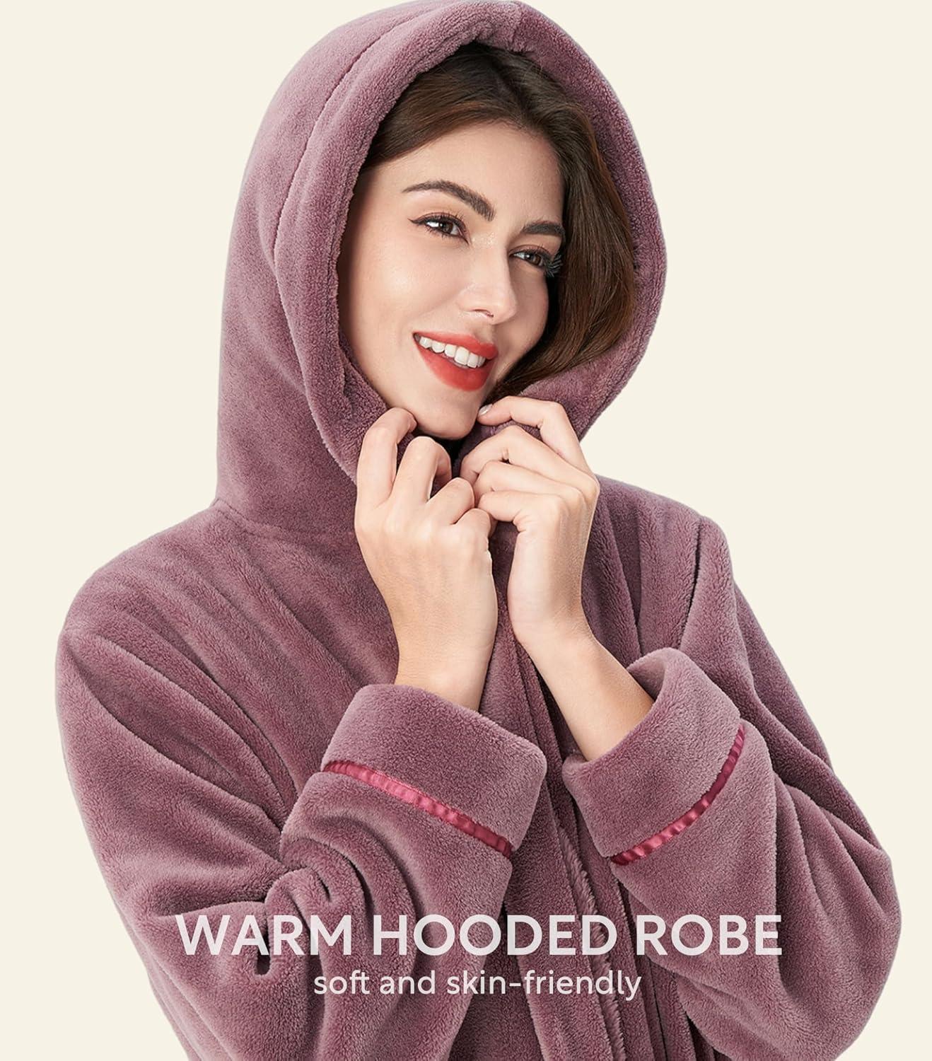 imageDAVID ARCHY Plush Robes for Women Warm Thick Fleece Fluffy Luxury Cozy Soft Hooded Bathrobe Winter House Full LengthBrose Purple