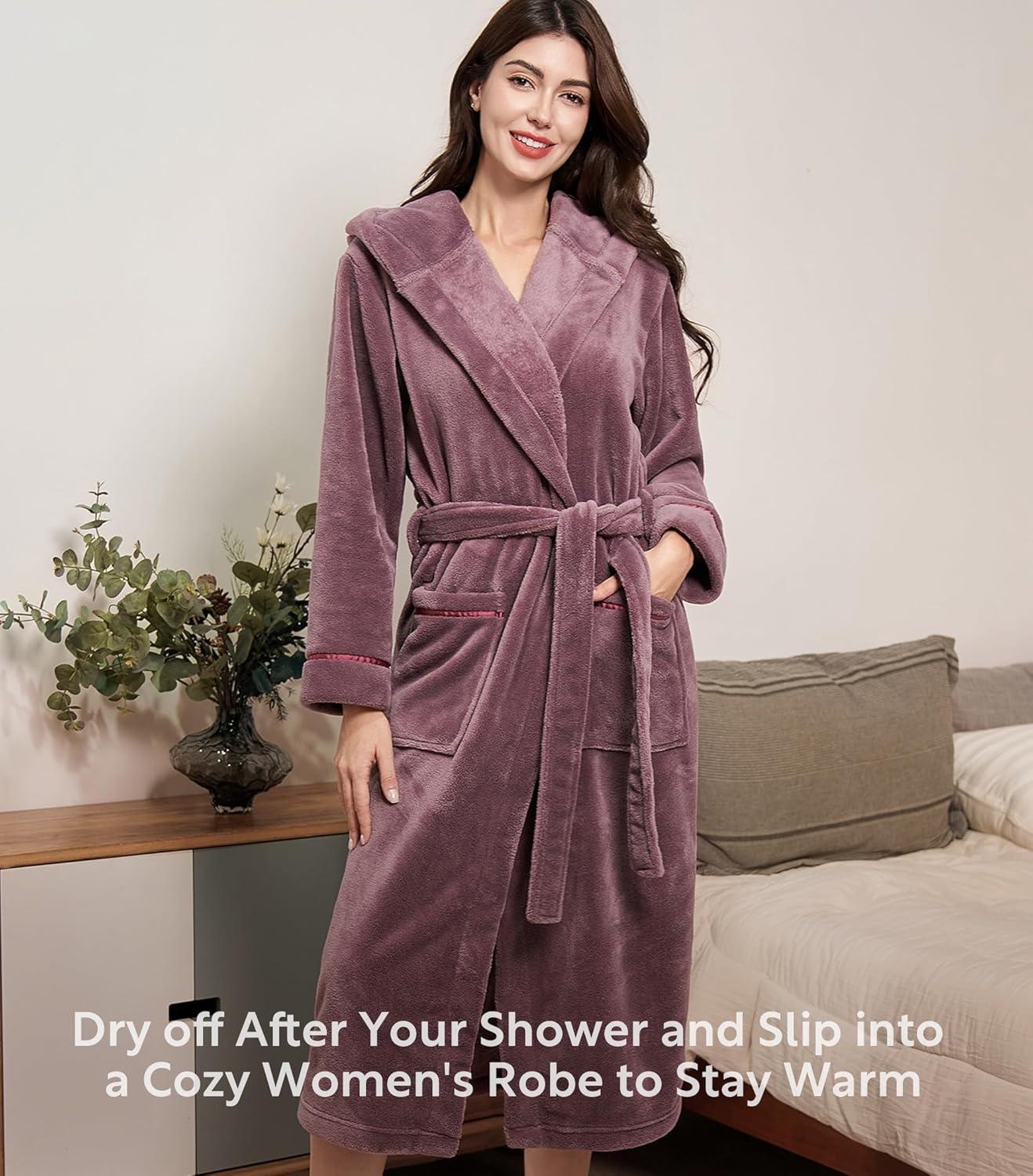 imageDAVID ARCHY Plush Robes for Women Warm Thick Fleece Fluffy Luxury Cozy Soft Hooded Bathrobe Winter House Full LengthBrose Purple