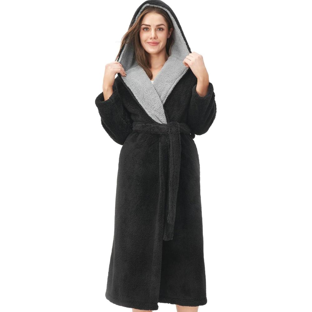 imageDAVID ARCHY Plush Robes for Women Warm Thick Fleece Fluffy Luxury Cozy Soft Hooded Bathrobe Winter House Full LengthAblack