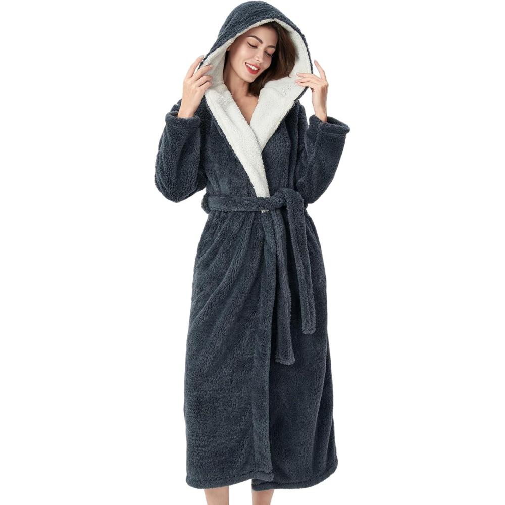 imageDAVID ARCHY Plush Robes for Women Warm Thick Fleece Fluffy Luxury Cozy Soft Hooded Bathrobe Winter House Full LengthAdark Gray