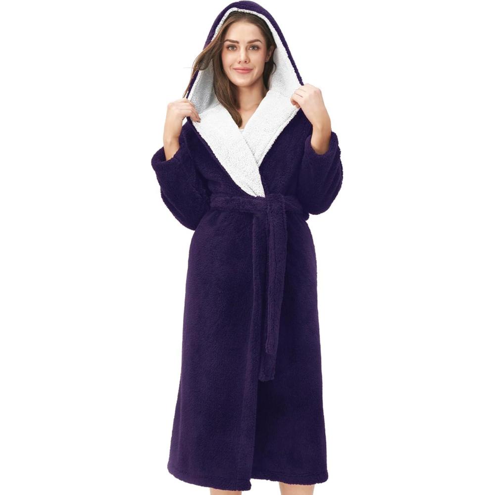 imageDAVID ARCHY Plush Robes for Women Warm Thick Fleece Fluffy Luxury Cozy Soft Hooded Bathrobe Winter House Full LengthAdeep Grape Purple