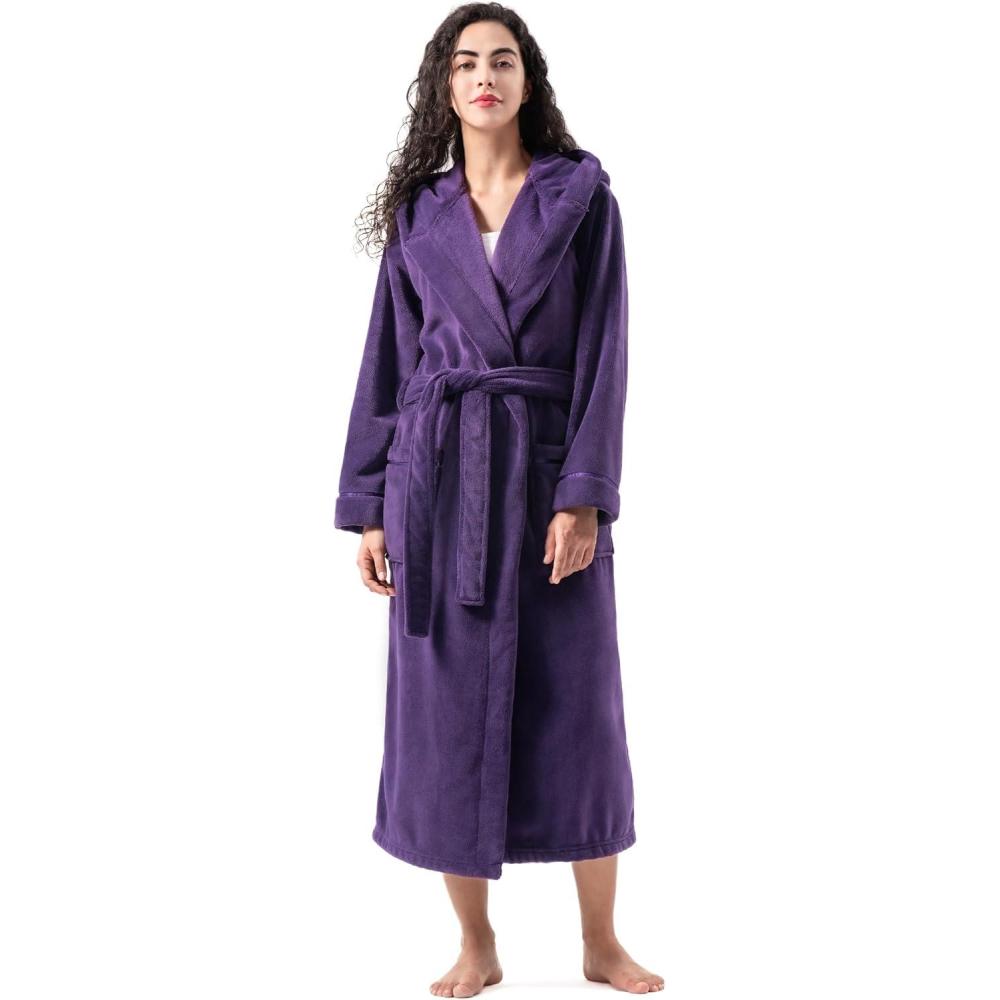 imageDAVID ARCHY Plush Robes for Women Warm Thick Fleece Fluffy Luxury Cozy Soft Hooded Bathrobe Winter House Full LengthBdeep Grape Purple