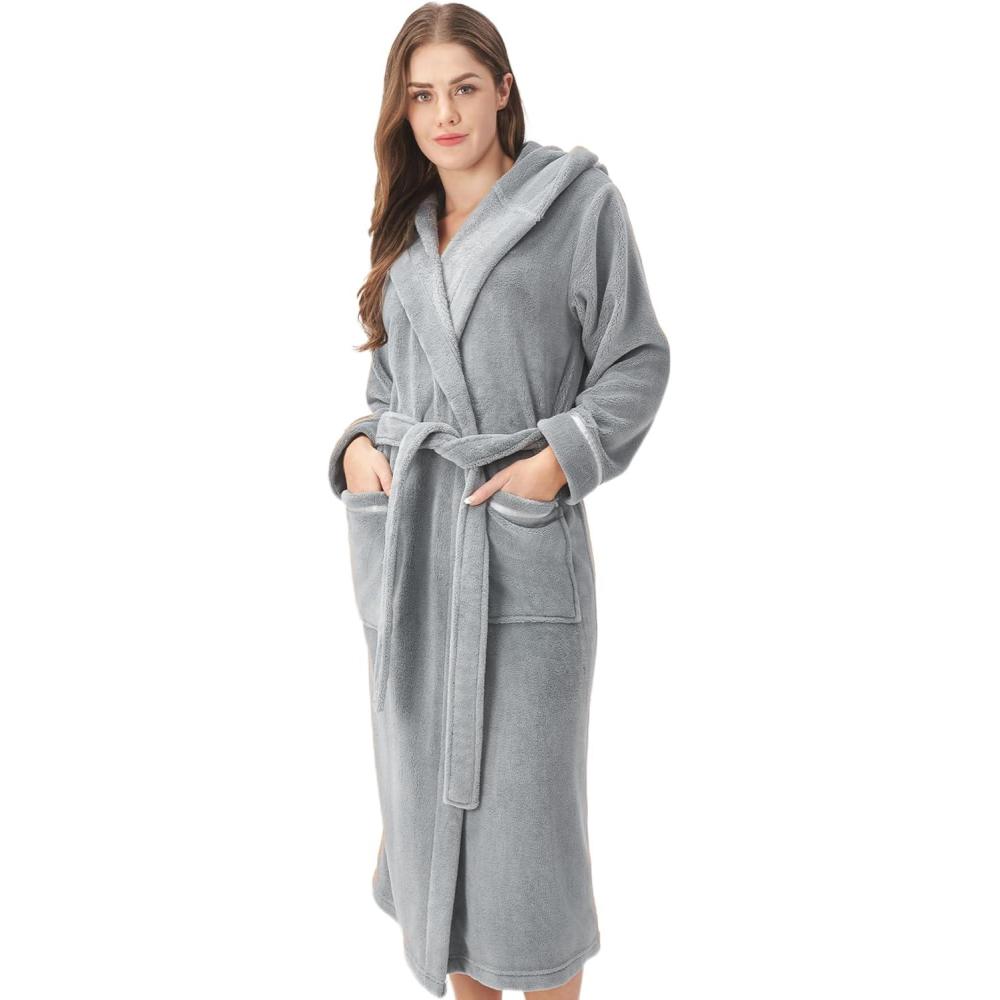 imageDAVID ARCHY Plush Robes for Women Warm Thick Fleece Fluffy Luxury Cozy Soft Hooded Bathrobe Winter House Full LengthBmedium Grey