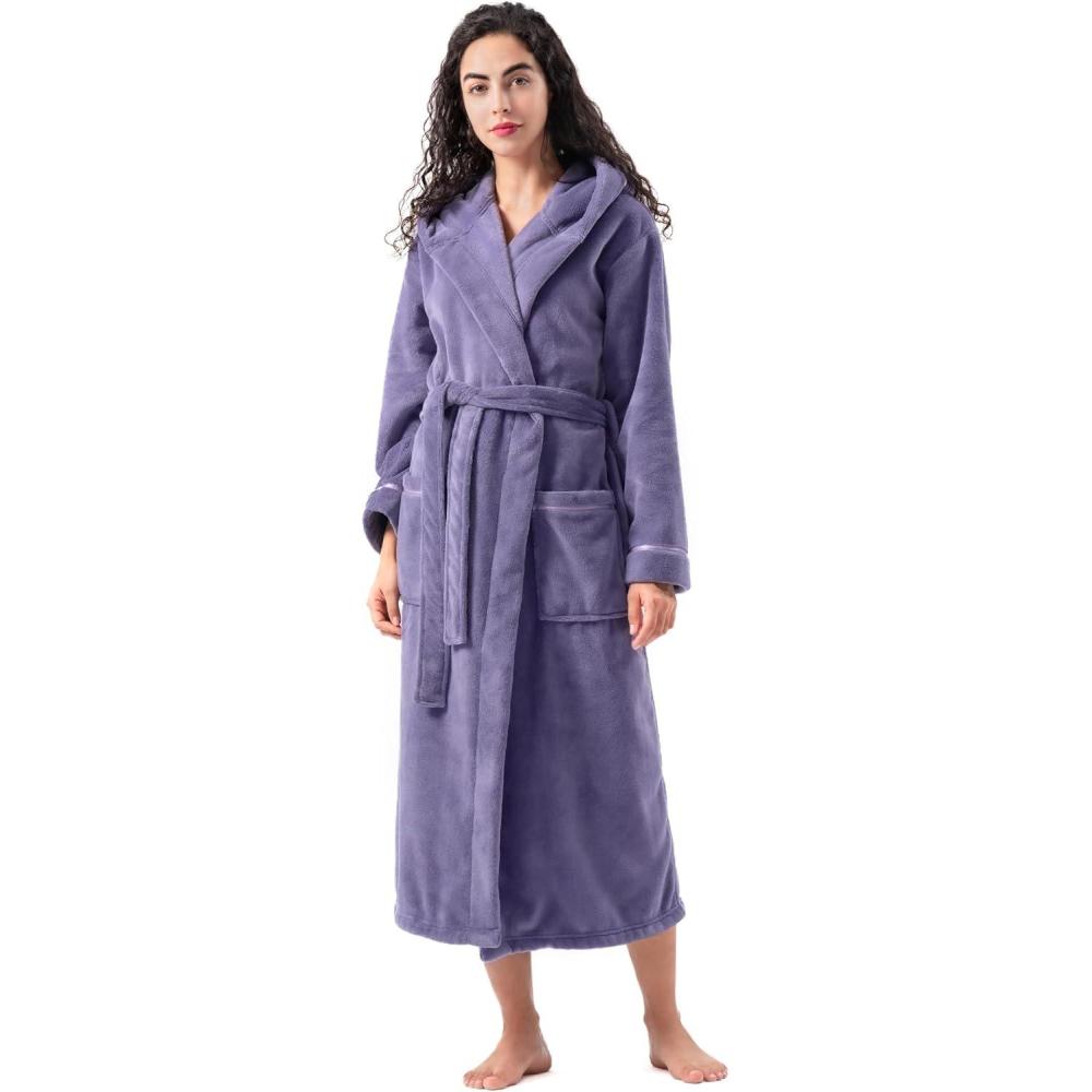 imageDAVID ARCHY Plush Robes for Women Warm Thick Fleece Fluffy Luxury Cozy Soft Hooded Bathrobe Winter House Full LengthBpurple Grey