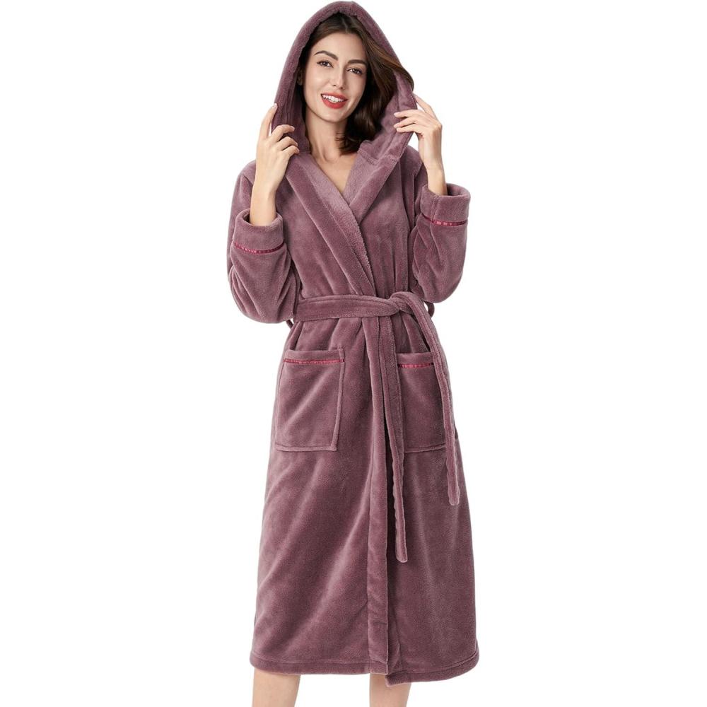imageDAVID ARCHY Plush Robes for Women Warm Thick Fleece Fluffy Luxury Cozy Soft Hooded Bathrobe Winter House Full LengthBrose Purple