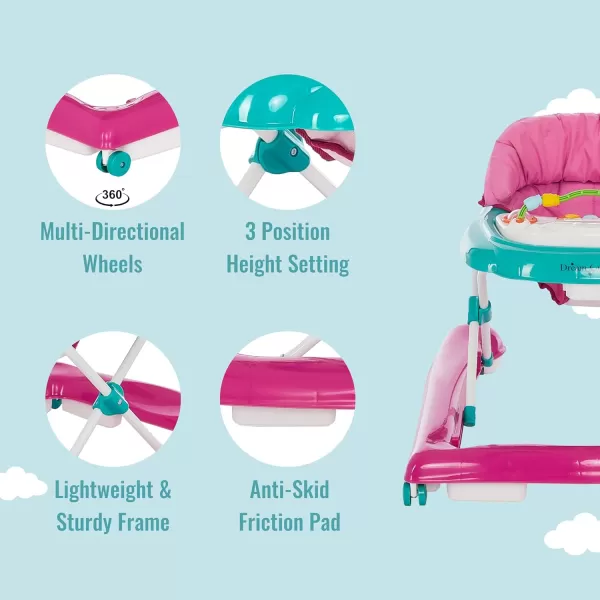 2-in-1 Ava Baby Walker, Easy Convertible Baby Walker, Walk Behind, Height Adjustable Seat, Added Back Support, Detachable-Toy Slate, Teal Pink