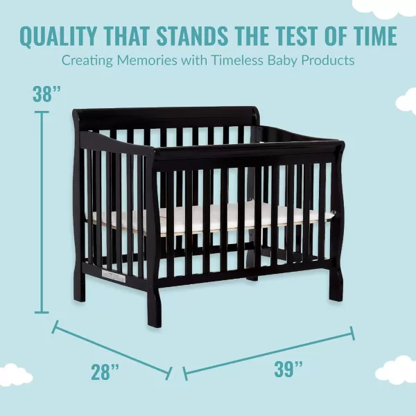 Aden 4-in-1 Convertible Mini Crib In Black, Greenguard Gold Certified, Non-Toxic Finish, New Zealand Pinewood, With 3 Mattress Height Settings